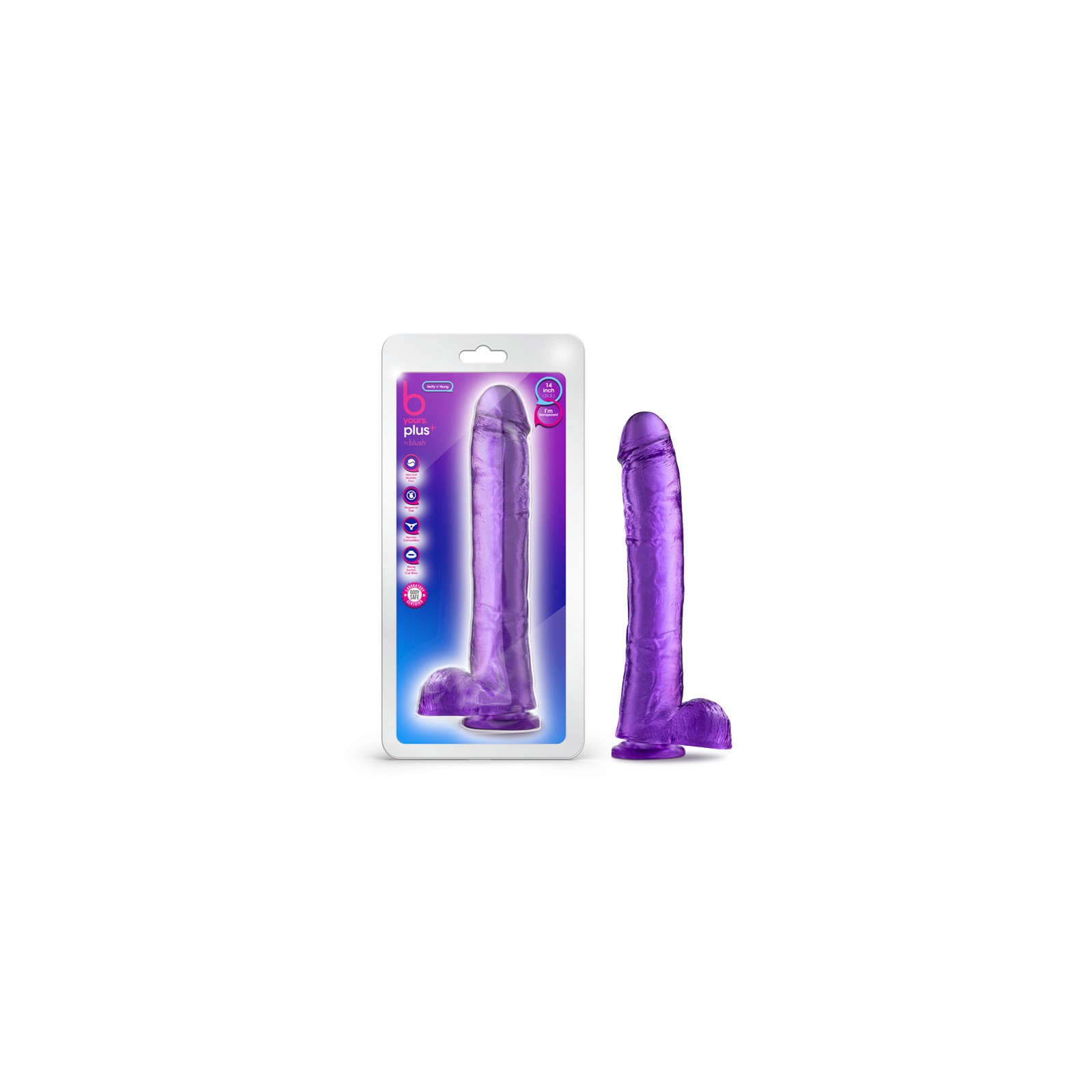 B Yours Plus Hefty n Hung 14 inch Dildo with Balls Purple