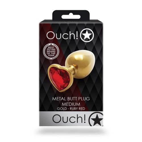 Ouch! Heart Gem Butt Plug Medium Gold/Ruby Red