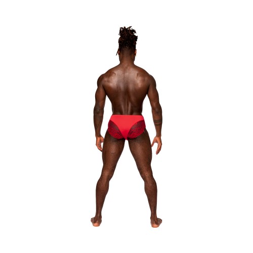 Male Power Sassy Lace Bikini Solid Pouch Red