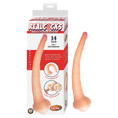 Masturbador Realcocks 14 in. Dildo, Funda y Stroker 3-en-1 Beige