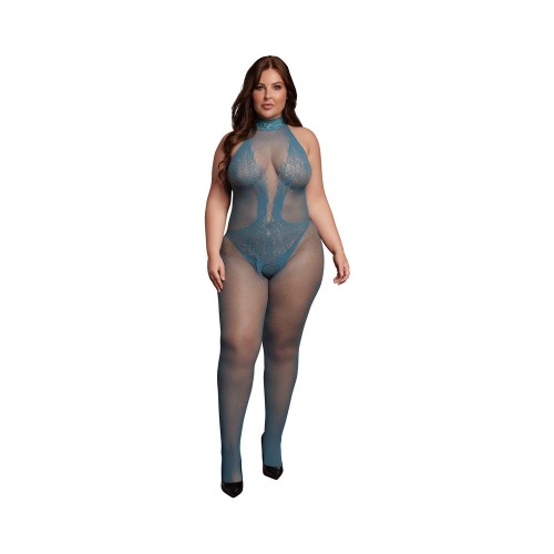 Le Desir Bodystocking de Encaje y Malla Océano Profundo Talla Reina