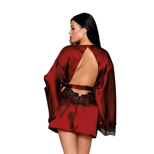 Dreamgirl Bata de Satin Abierta con Detalles de Encaje Oxblood