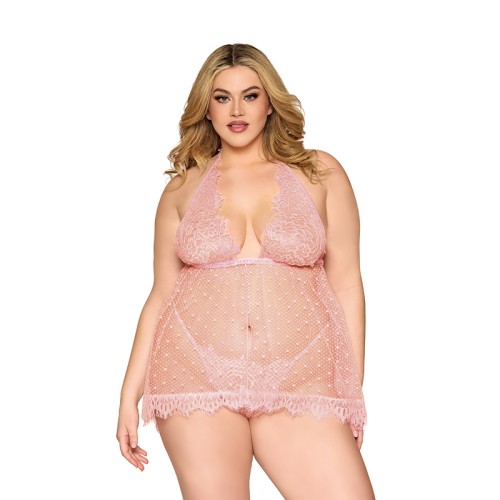 Dreamgirl Babydoll de Encaje y Malla de Lunares Cuarzo Rosa 3XL