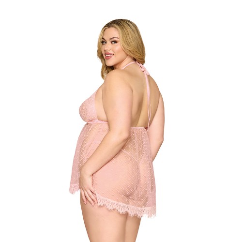 Dreamgirl Babydoll de Encaje y Malla de Lunares Cuarzo Rosa 3XL