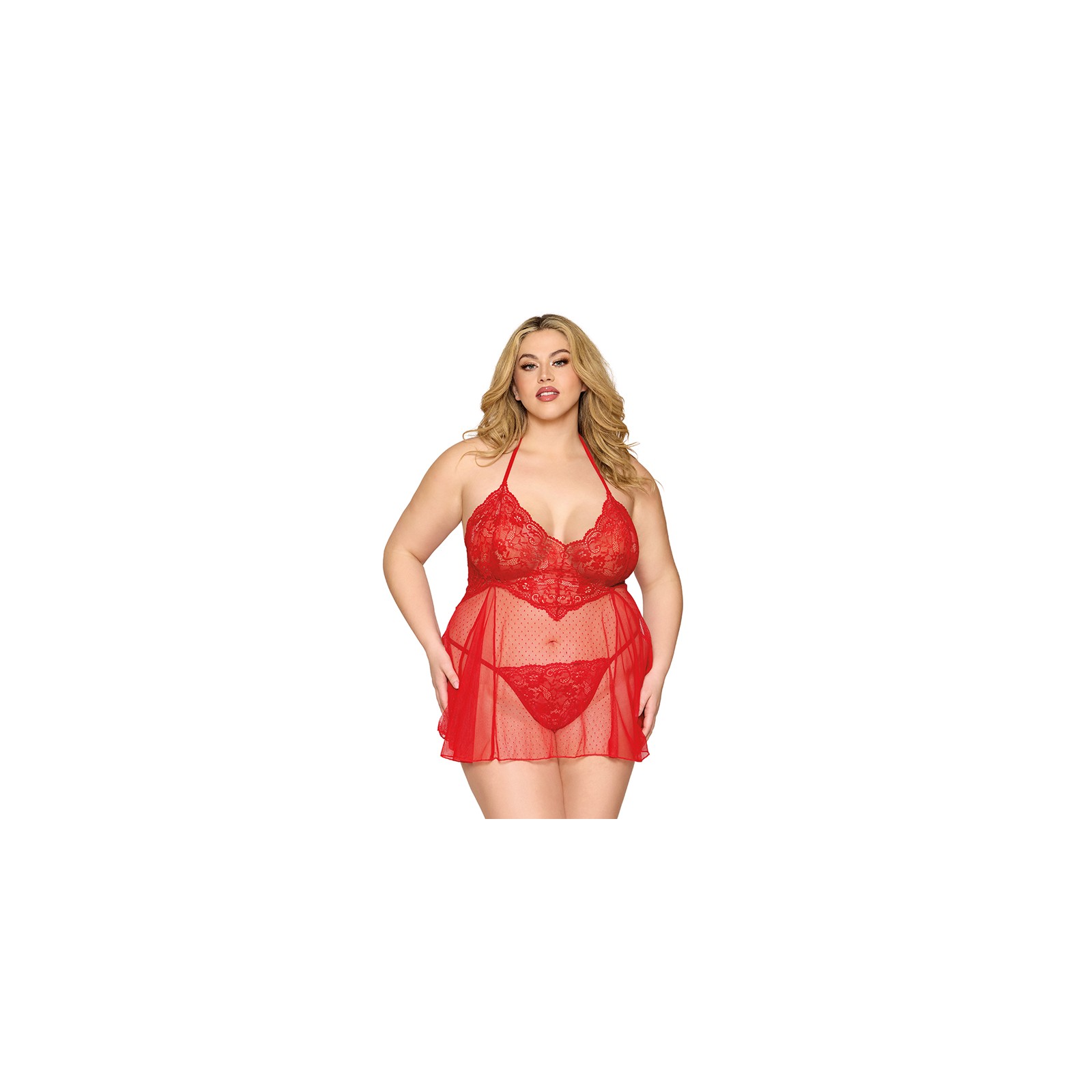 Babydoll de Encaje y G-String Dreamgirl Rojo Talla Queen