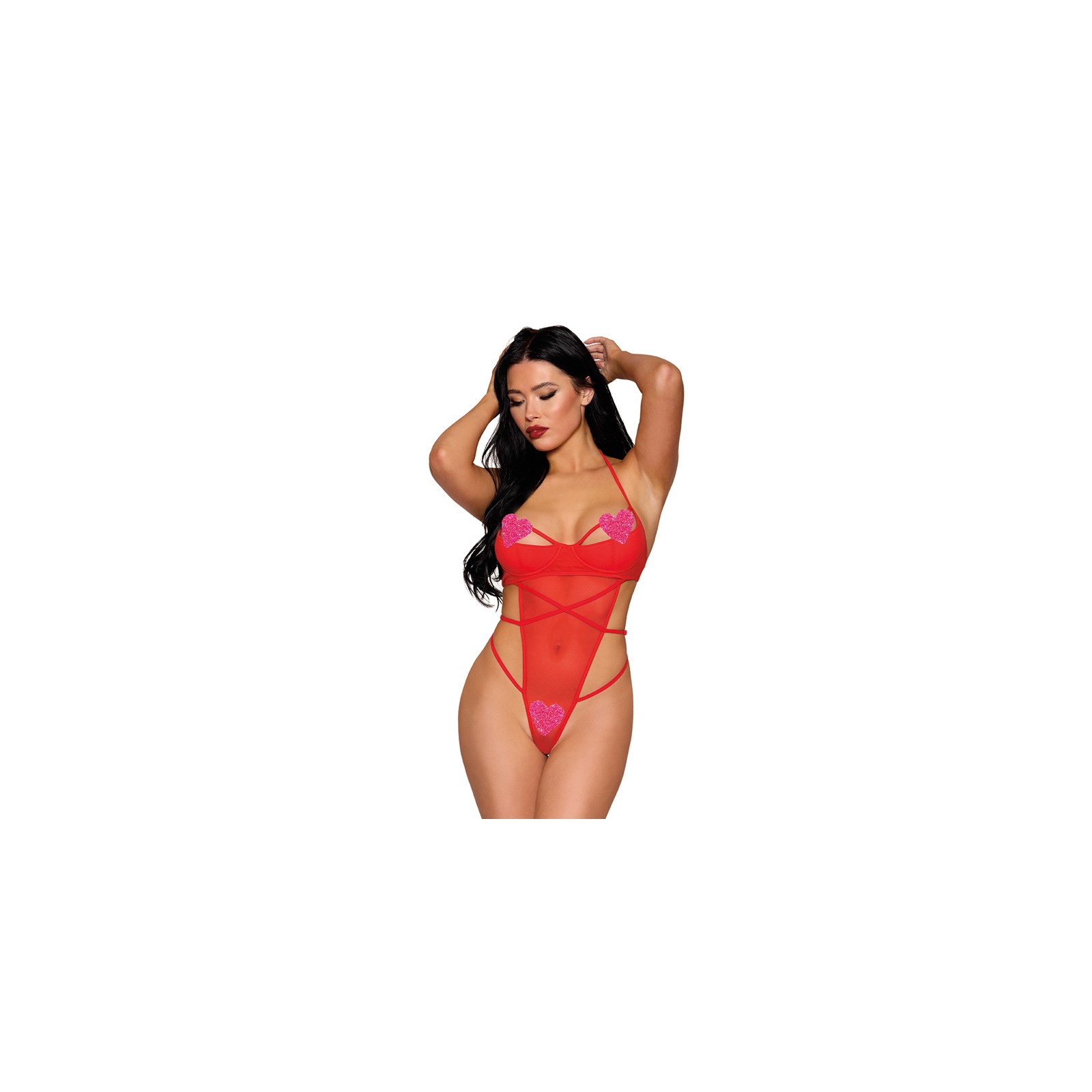 Dreamgirl Strappy Mesh Teddy Red O/S