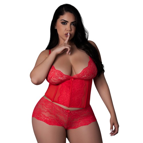 Magic Silk Red Queen Size Lace Bustier & Boy Short Set