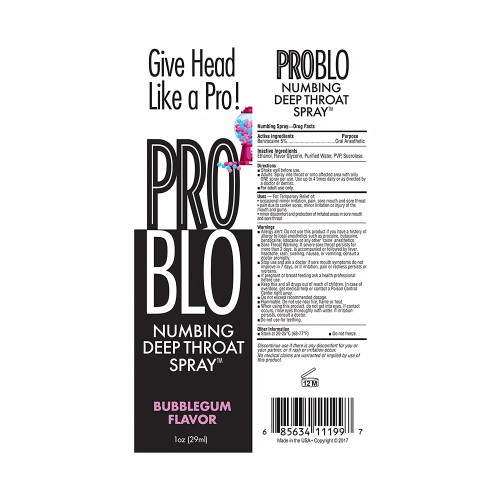 Pro Blo Numbing Deep Throat Spray Bubblegum 1 oz.