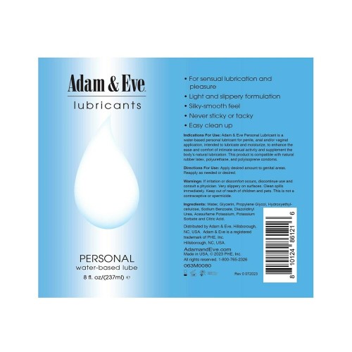 Lubricante Personal a Base de Agua Adam & Eve 8 oz.