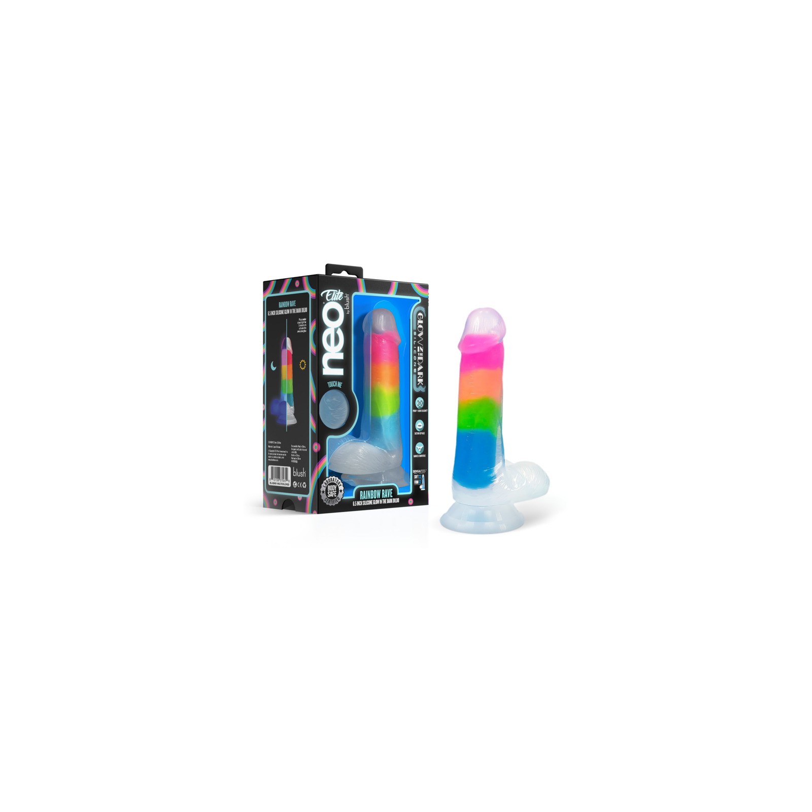 Dildo Neo Elite que Brilla en la Oscuridad Rainbow Rave - 6.5 in.