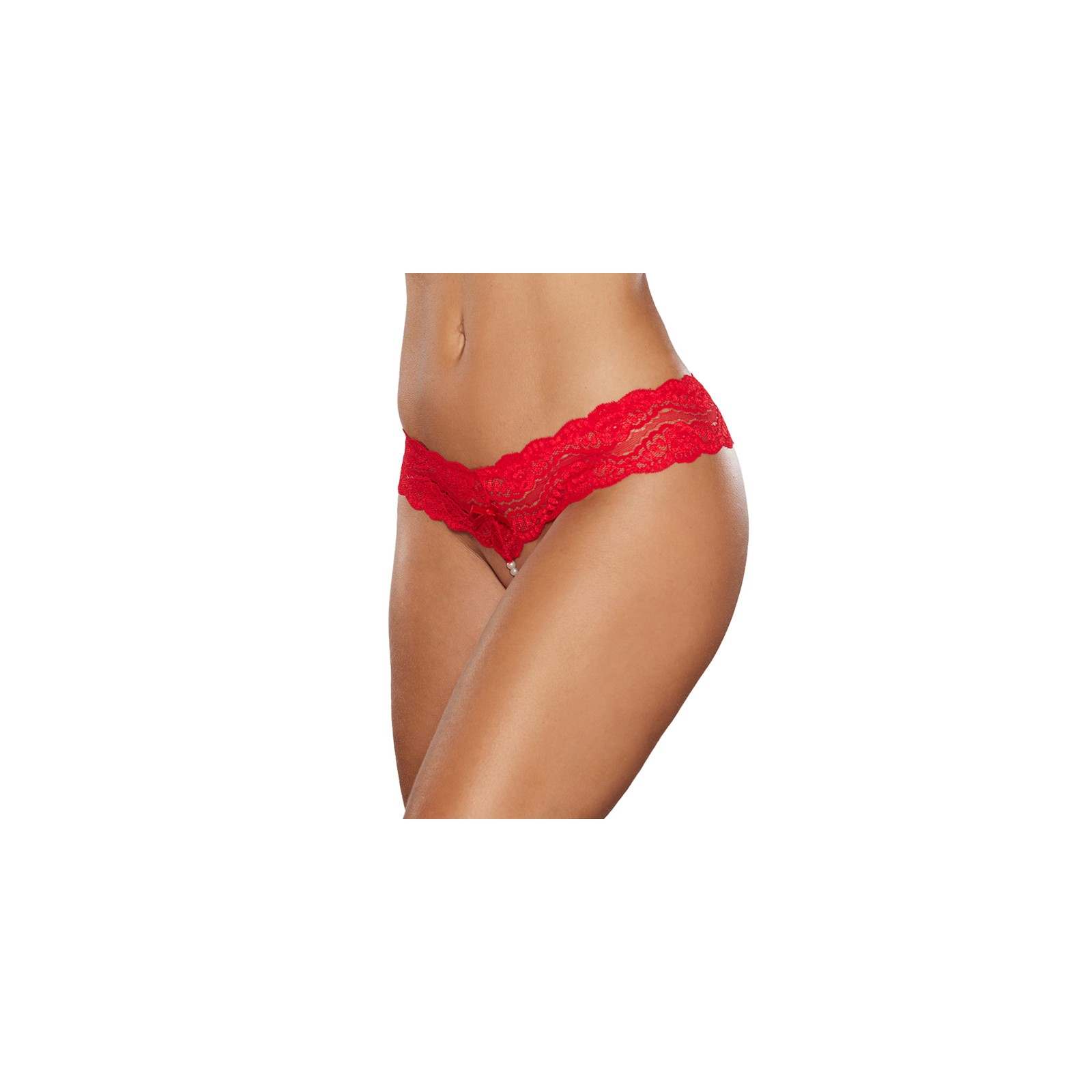 Allure Tanga de Encaje Lip Sync con Cinta de Perlas de Frente a Espalda Rojo O/S