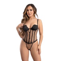 Conjunto de Corset de Malla y G-String con Brillos Dorados