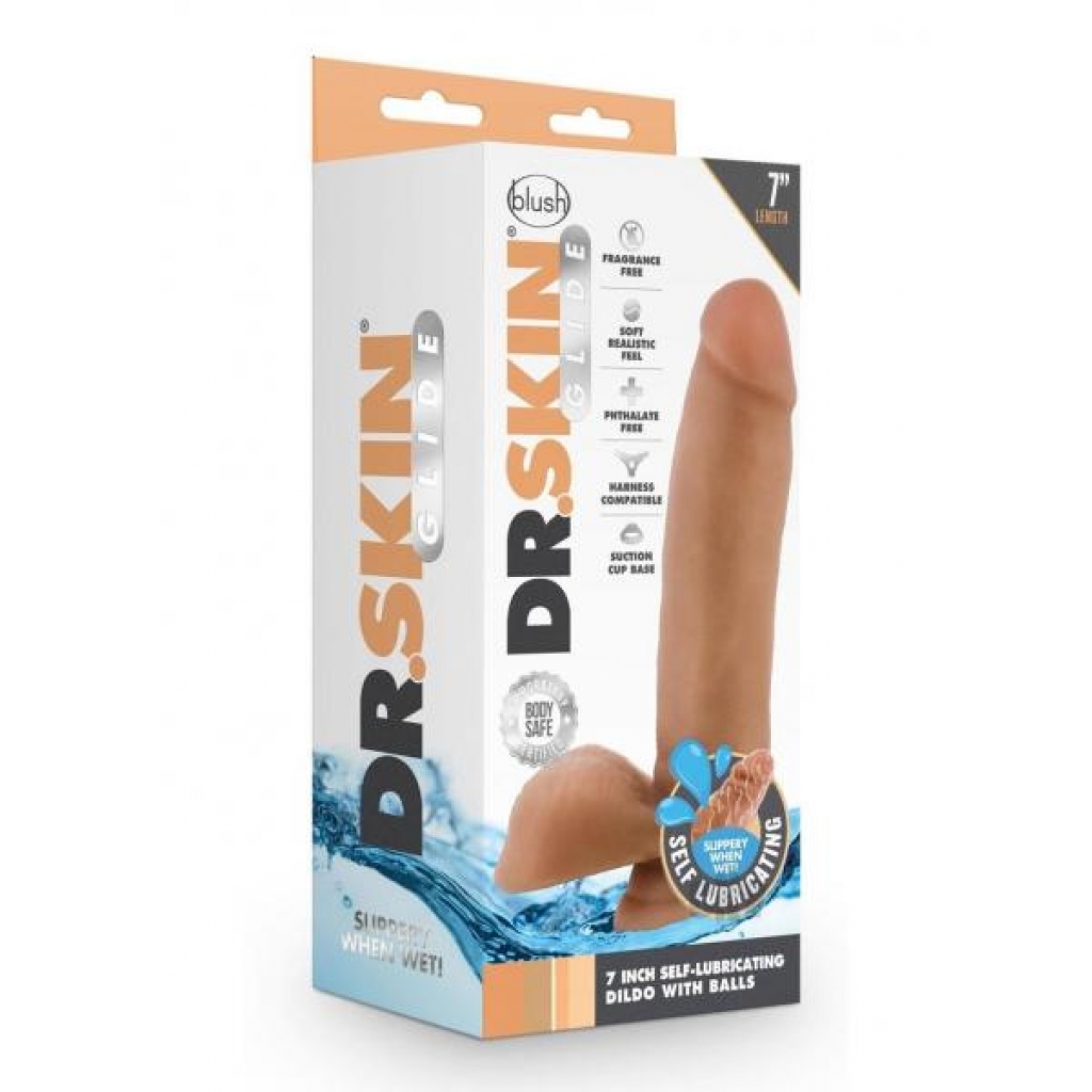 Dr. Skin Glide: Self-Lubricating Dildo with Balls - 7 Inches, Caramel