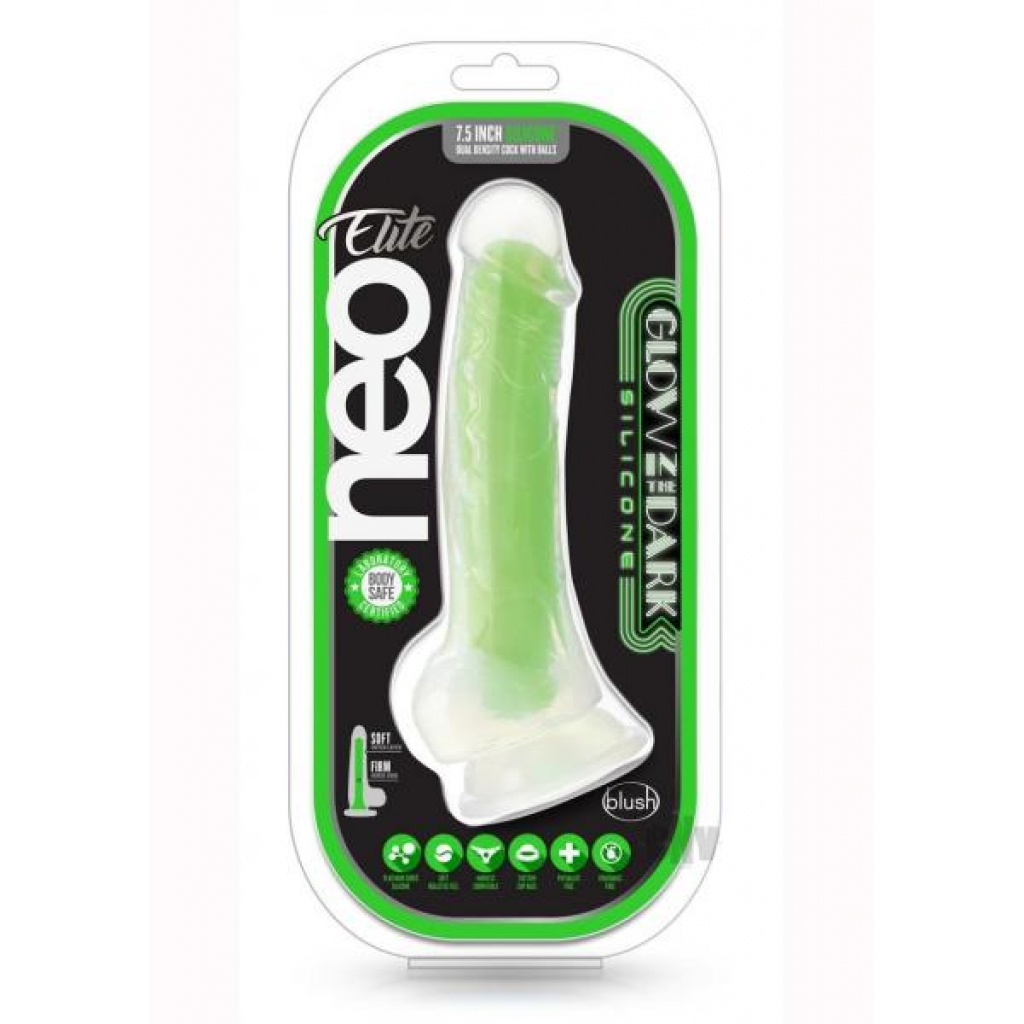 Neo Elite Gitd Dd Cock W/balls 7.5 Grn - Blush Novelties