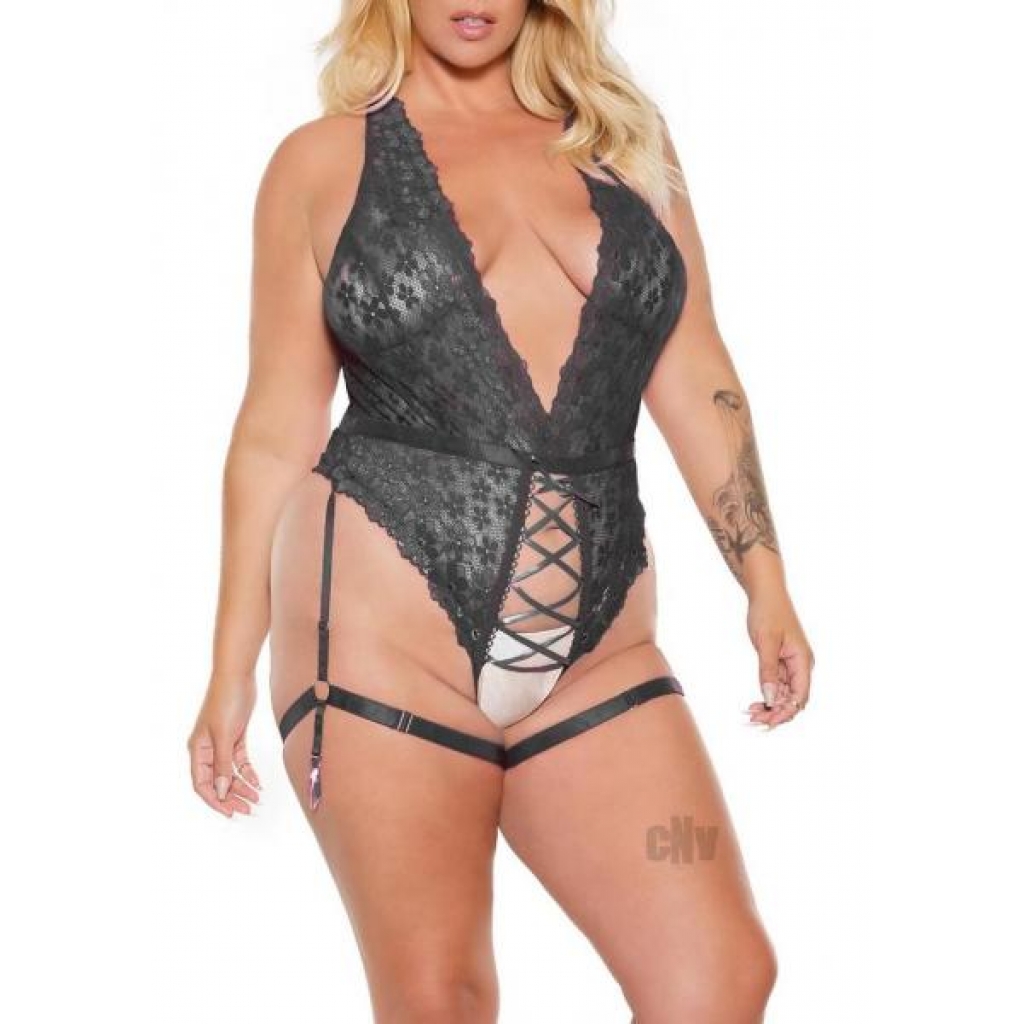 Crotchless Teddy - Removable Leg Straps - Black XL