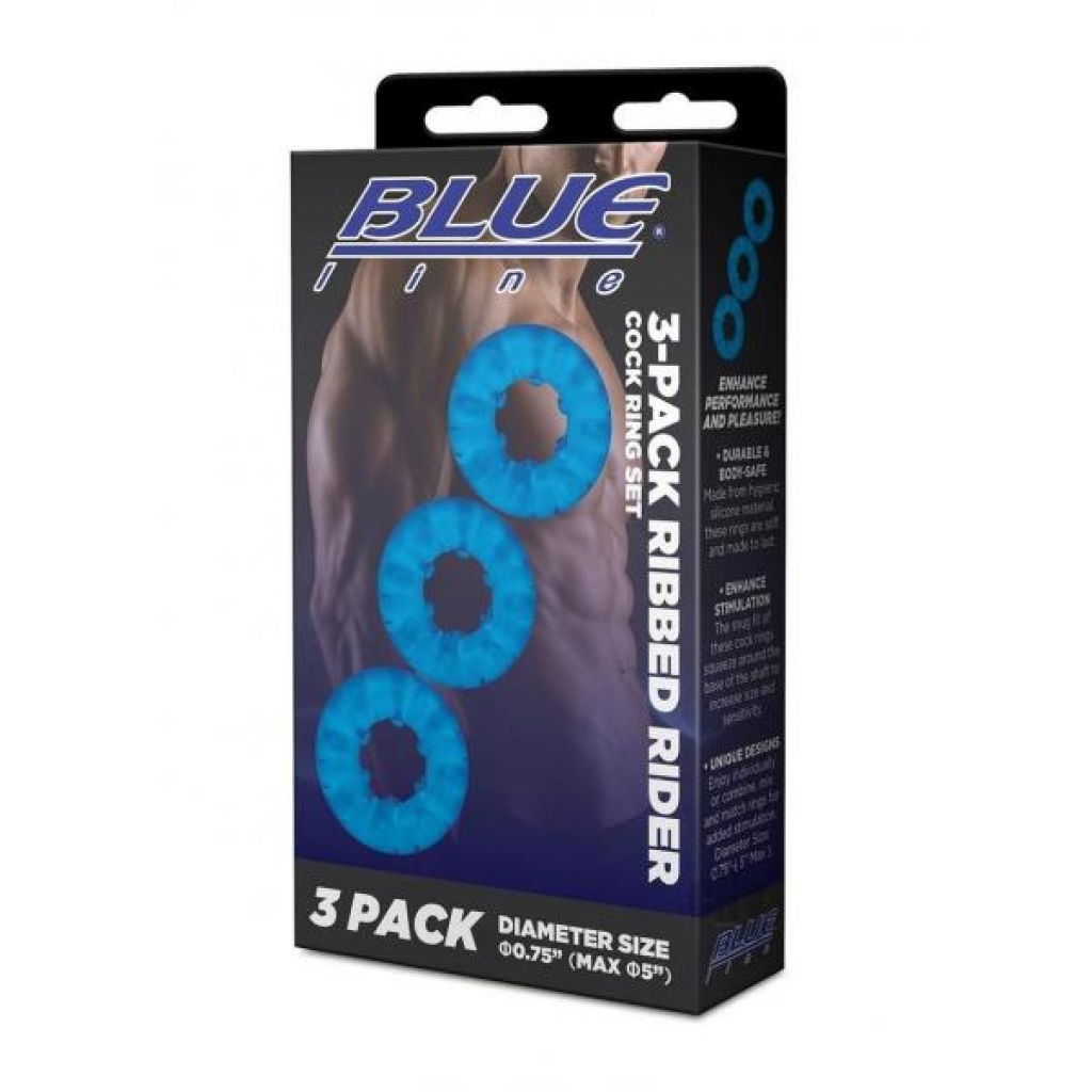 Blue Line Ribbed Rider Cock Ring Set - 3-pack