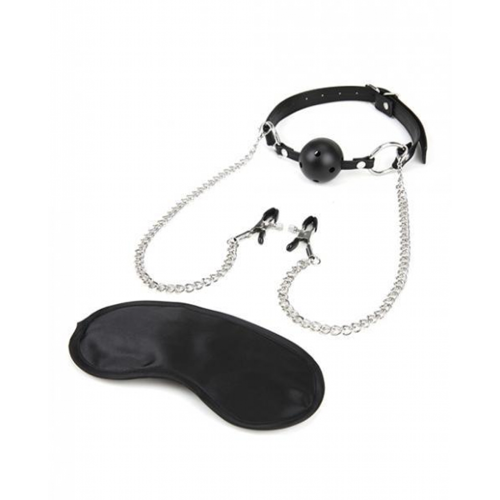 Lux Fetish Breathable Ball Gag and Adjustable Nipple Chain