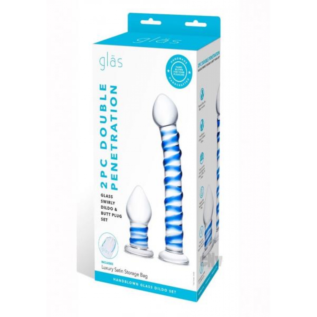 Dual Stimulation Swirly Glass Dildo and Buttplug Set - Clear/Blue