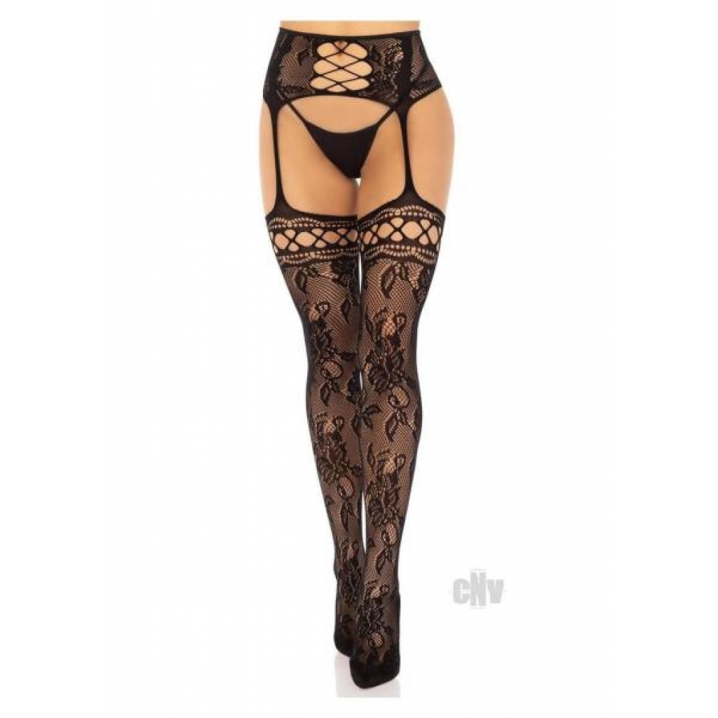 French Rose Lace Stockings with Garter Belt - Black