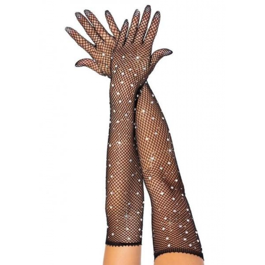 Rhinestone Fishnet Opera Gloves - O/S Black