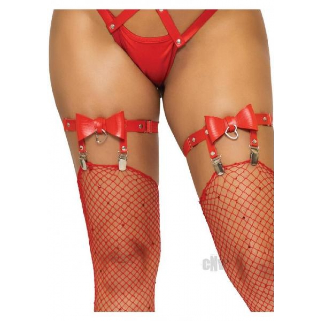 Vegan Leather Thigh Garter with Heart Ring Accent - Red