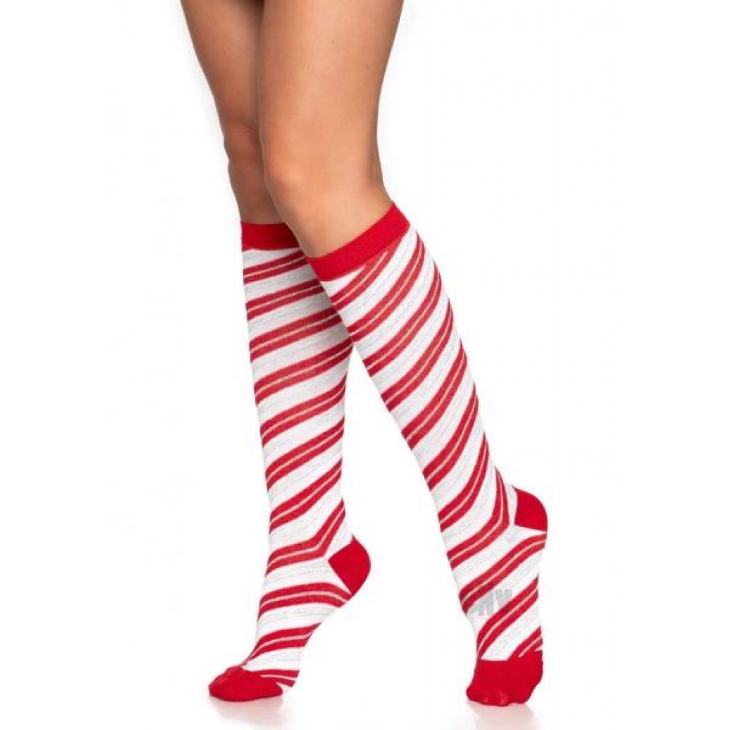 Candy Cane Lurex Knee Highs - Red/White