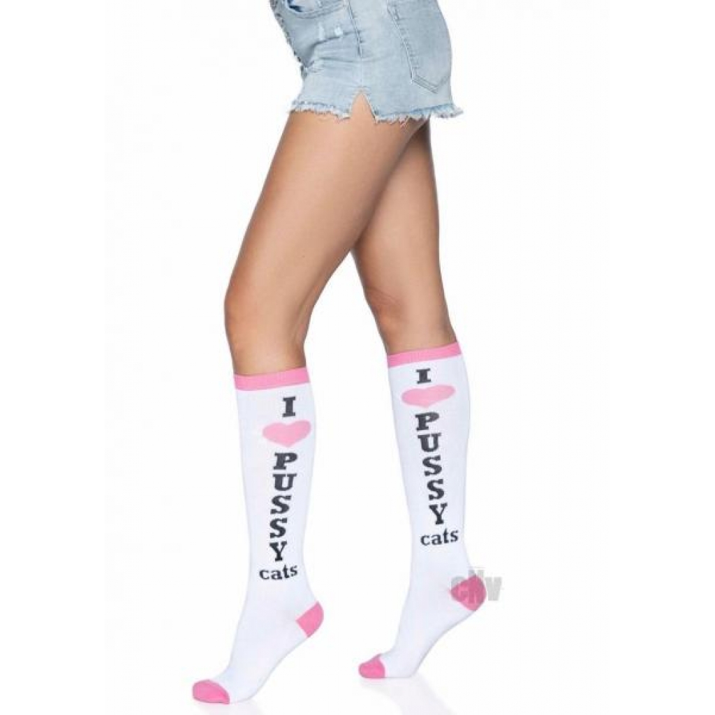 Pussycat Knee Highs - One Size (White/Pink)