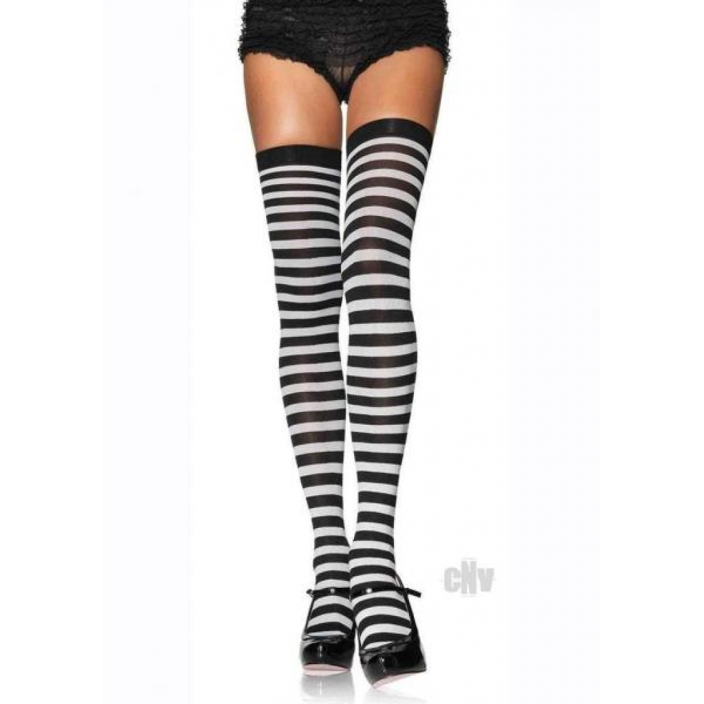 Plus Size Nylon Stocking with Stripe - Black/White