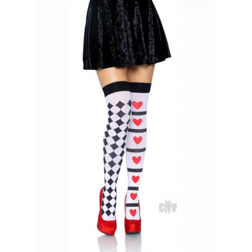 Harlequin Heart Thigh High - O/S - White/Red