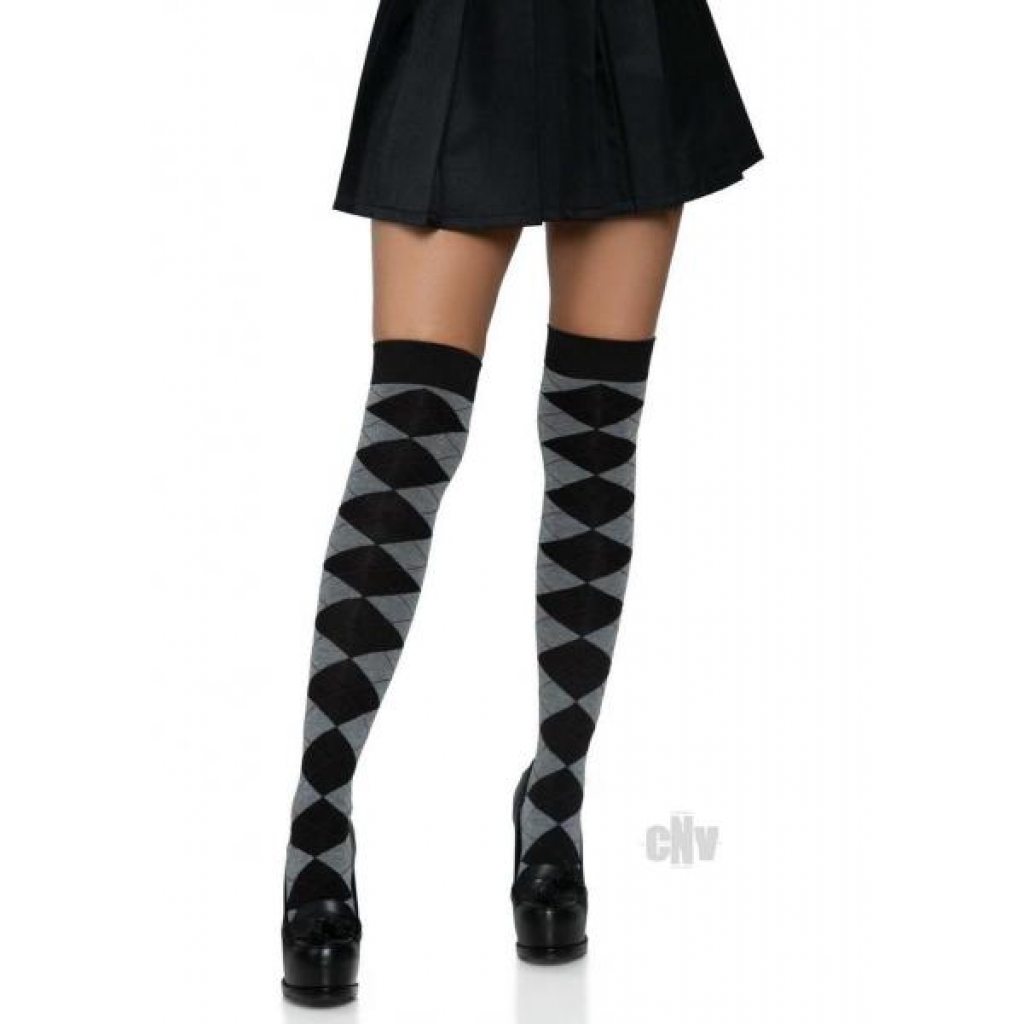 Argyle Knit Over-The-Knee Socks - Grey O/S