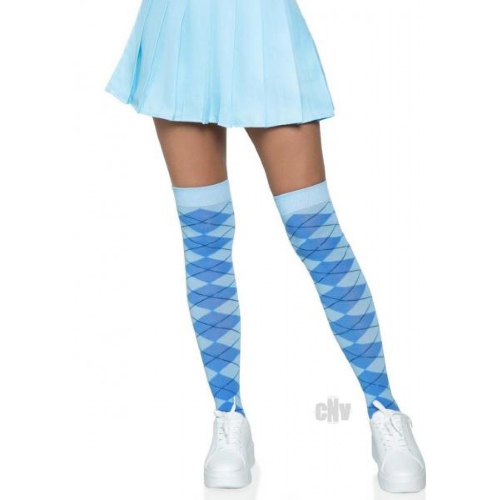 Argyle Knit Over The Knee Socks - OS Blue