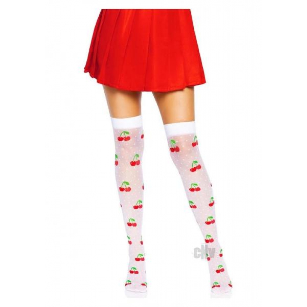 Spandex Dot Cherry Thigh Highs - Classic White/Red Design O/S