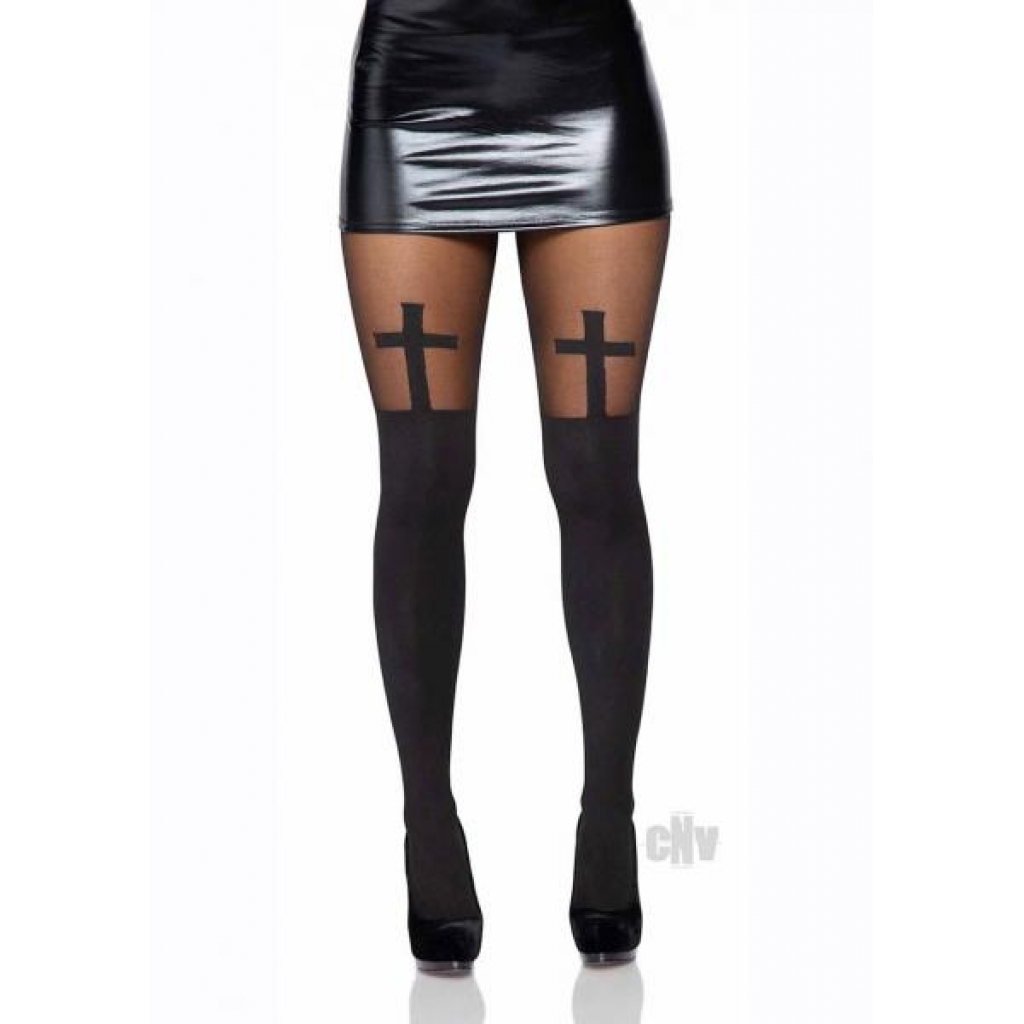 Opaque Spandex Cross Pantyhose with Thigh Accent - OS Black