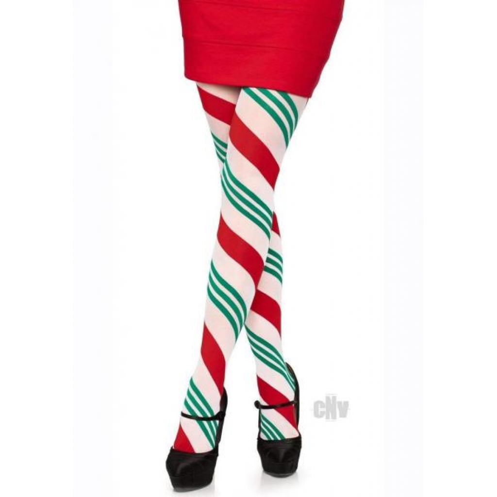 Holiday Ribbon Stripe Tights O/S Grn/red