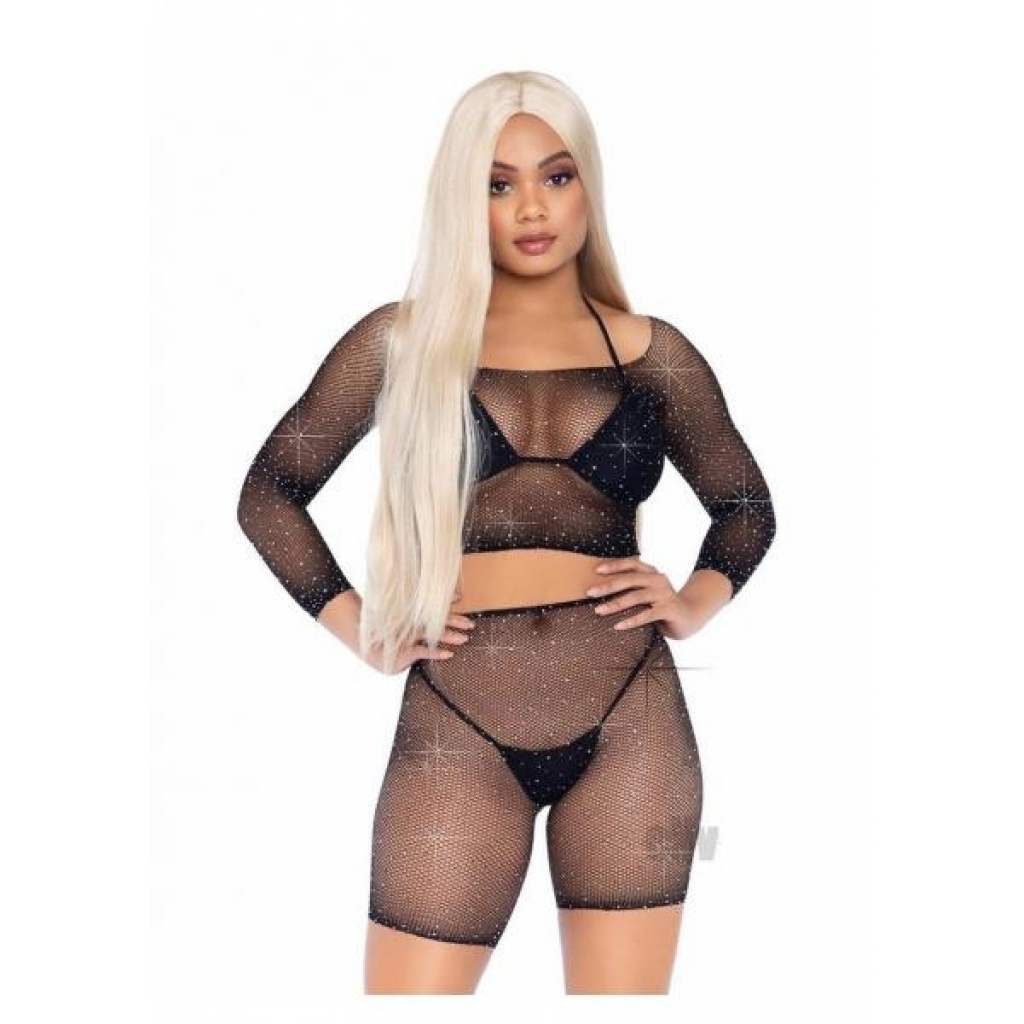 Rhinestone Fishnet Top & Shorts Set - O/S Black