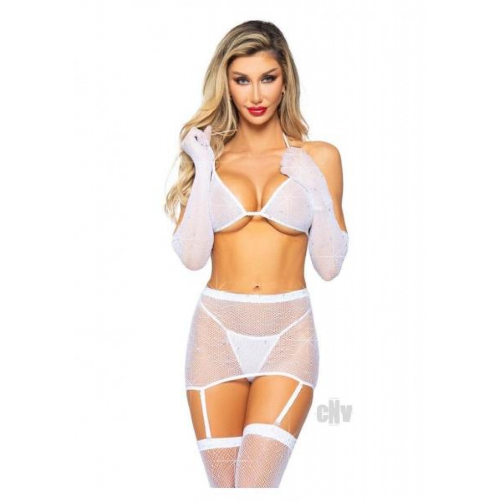 5-Piece Rhinestone Fishnet Garter Set in White - Alluring Lingerie Ensemble