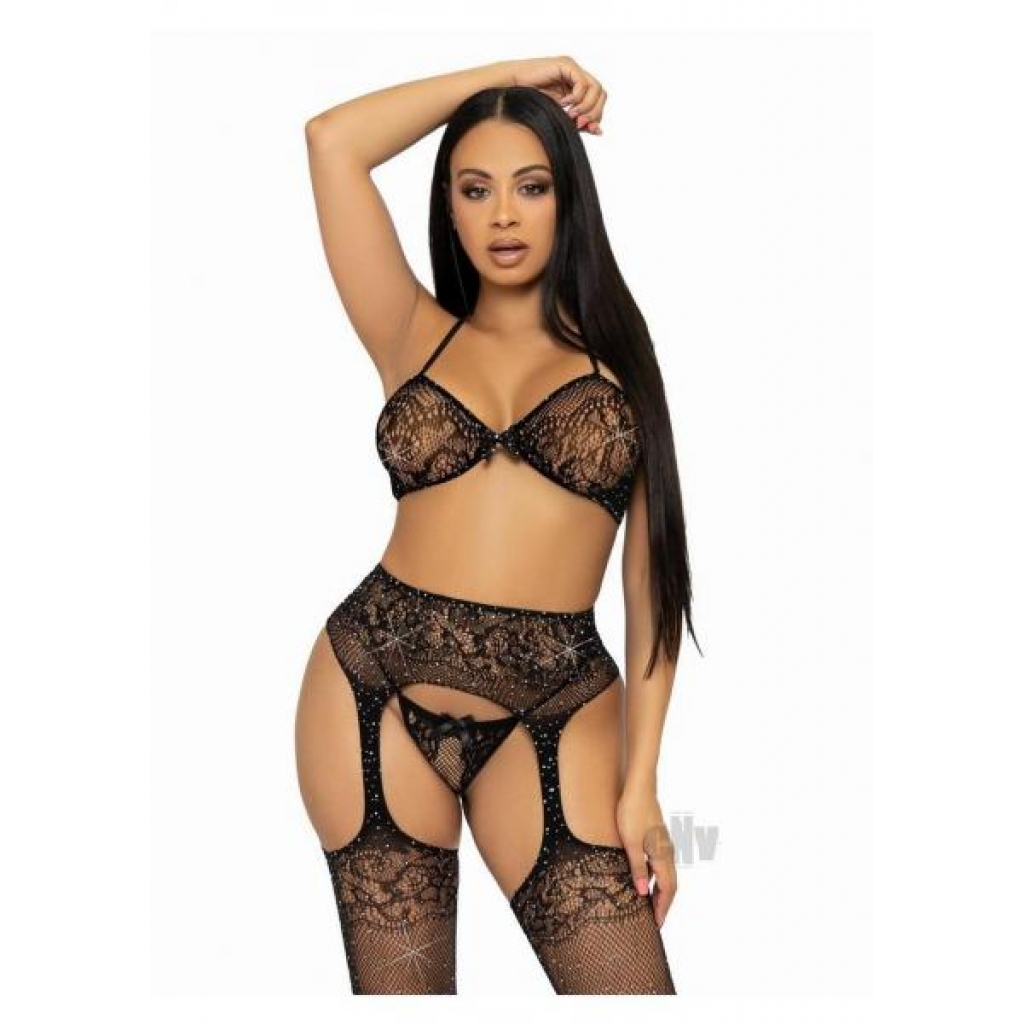 Rhinestone Bra, G-string, and Garter Belt Set - Elegant Black