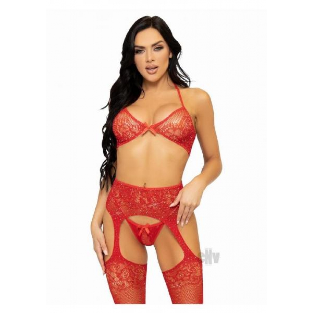 Rhinestone Bra G-string and Garter 3-piece Set - Red