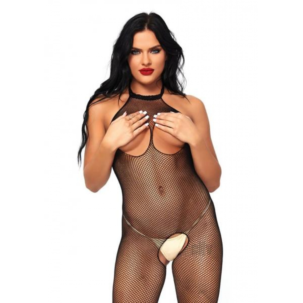 Seamless Fishnet Halter Bodystocking with Open Bust and Crotch