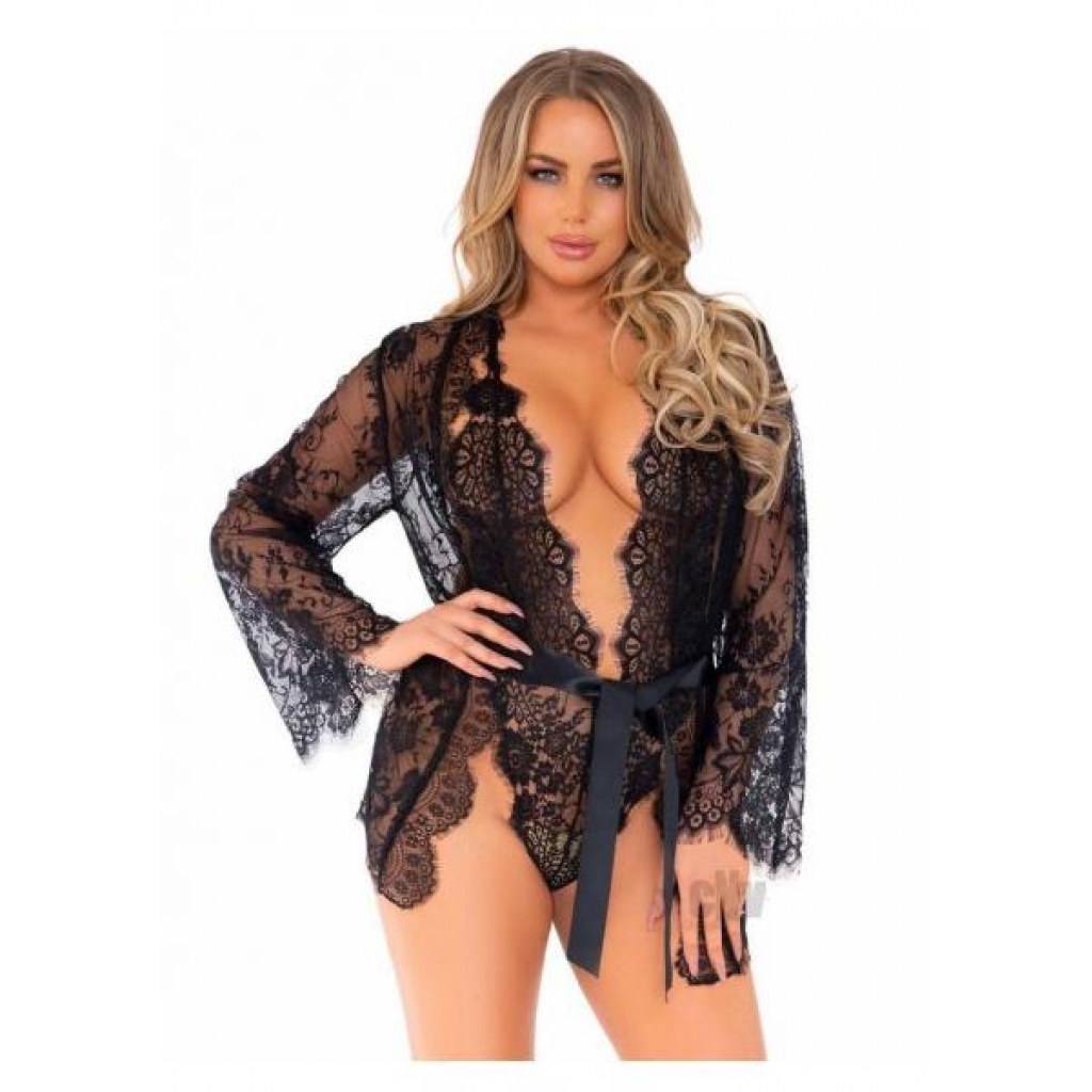 Floral Lace Teddy Thong Robe Tie Sm Blk - Leg Avenue Inc.