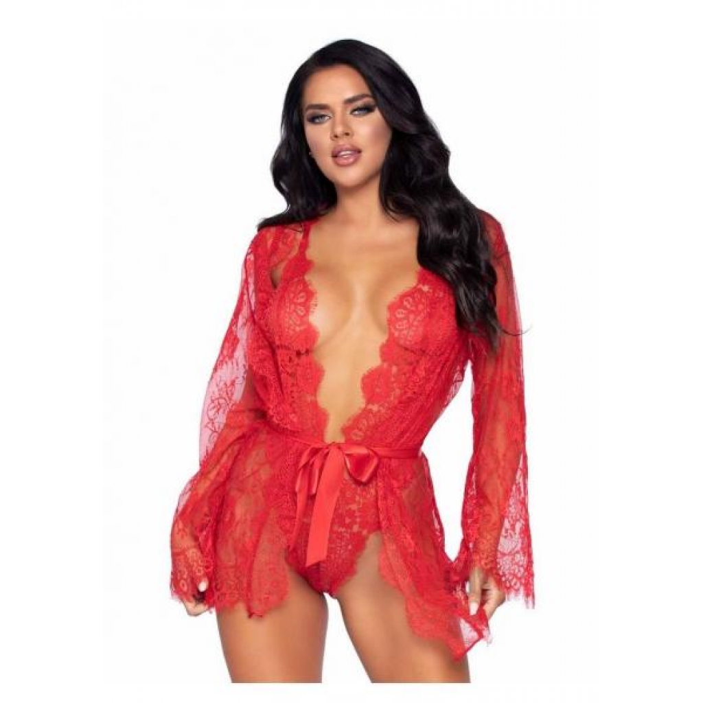 Floral Lace Teddy and Robe Set - Red