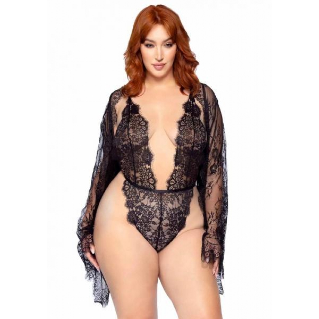 Floral Teddy Thong Robe 3pc Set - 1X/2X Black