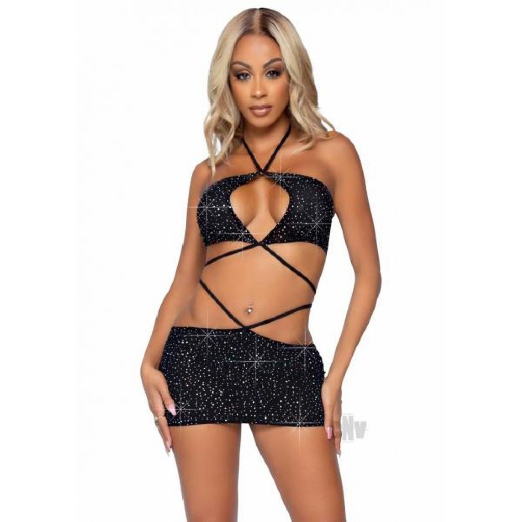 Rhinestone Keyhole Bandeau: Elegant Two-Piece Set in Black