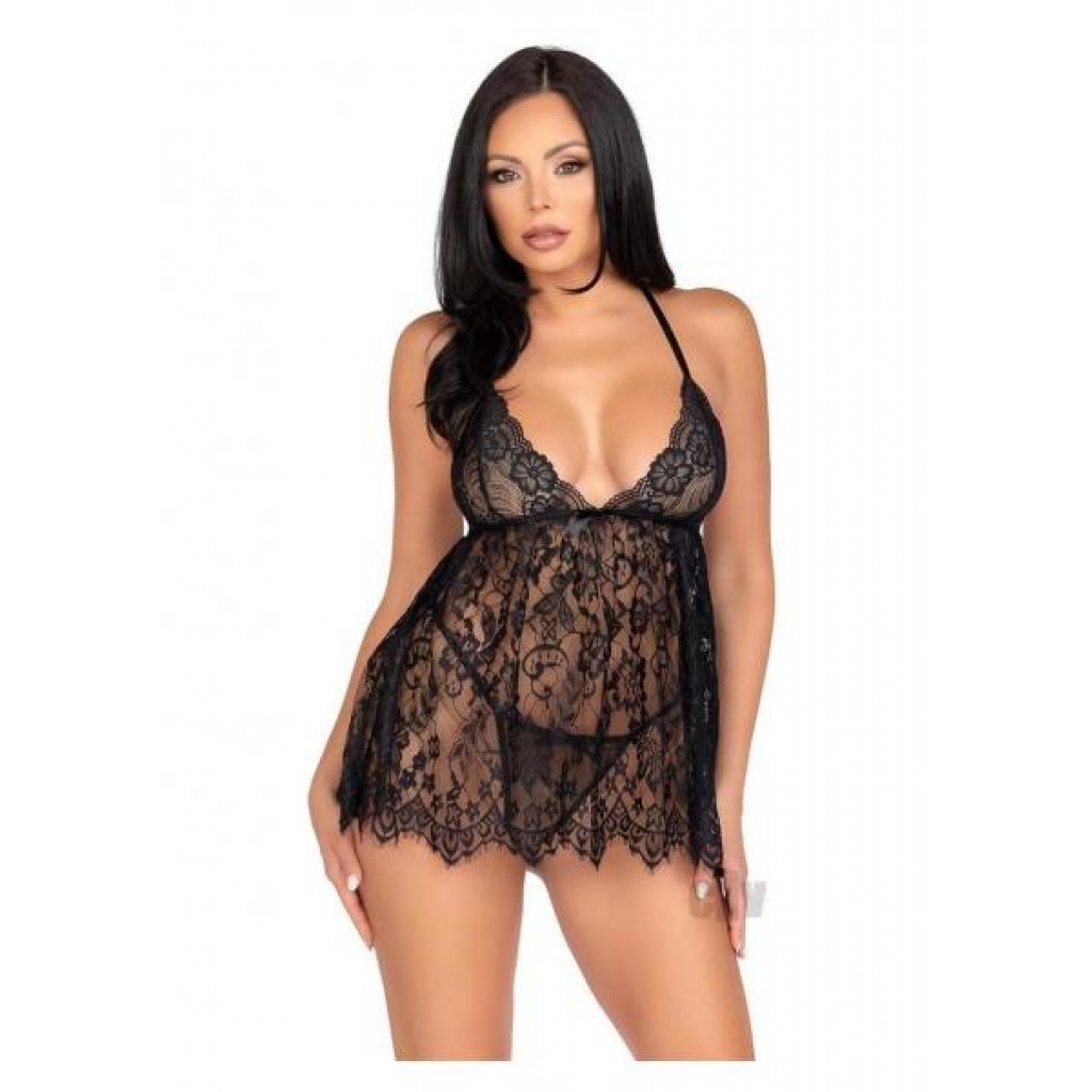 Floral Lace Babydoll with Eyelash G-String - Small Black