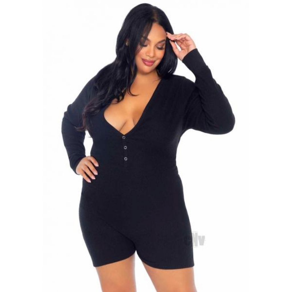 Brushed Romper Long John with Flap - Black