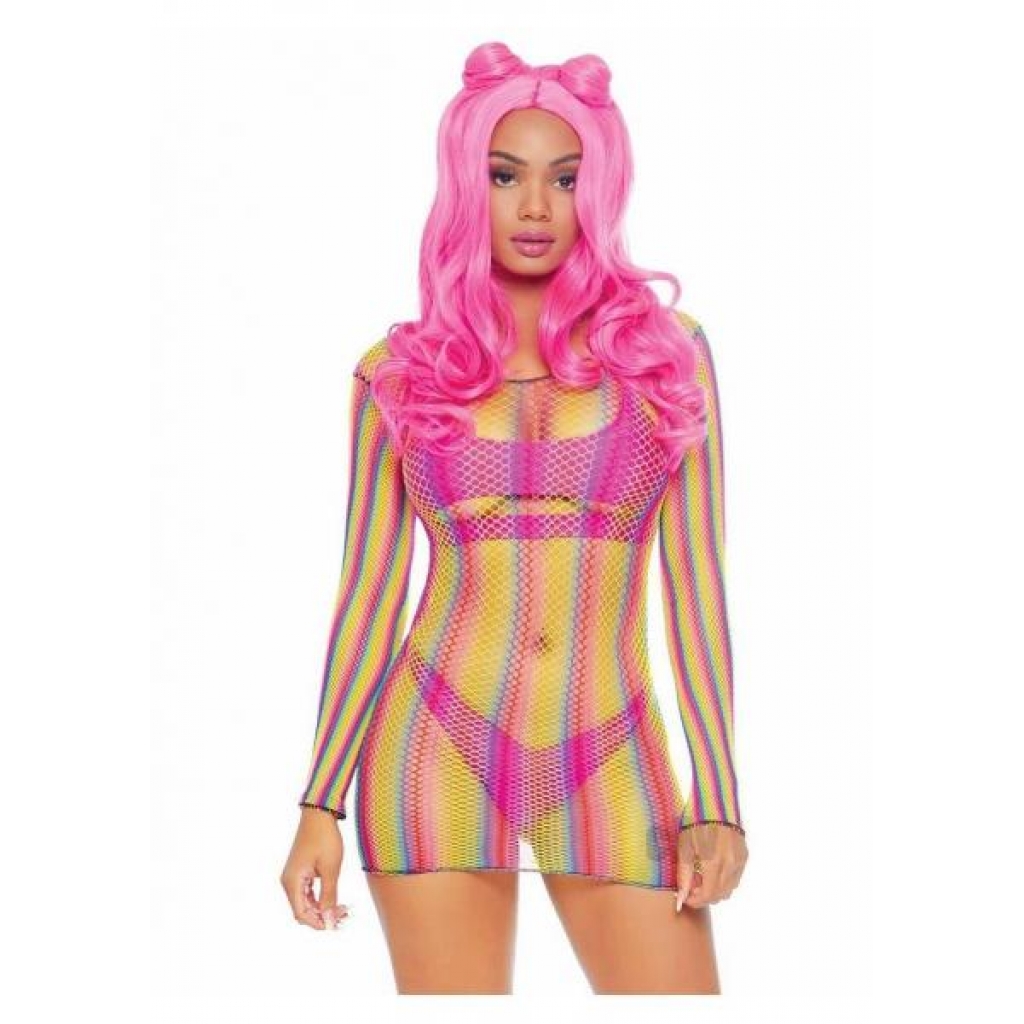 Rainbow Fishnet Sleeve Mini Dress - OS