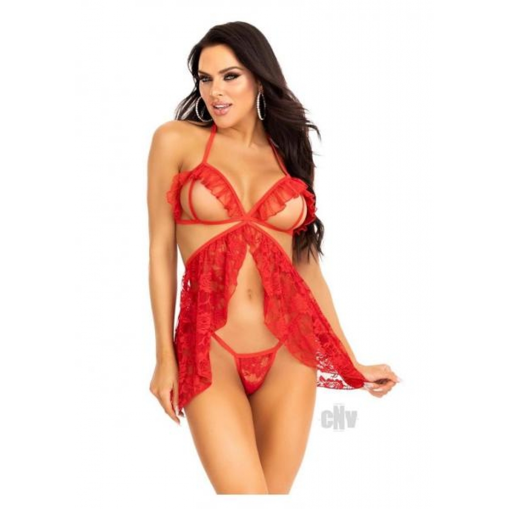 Lace Flyaway Babydoll G-String Set - Small Red