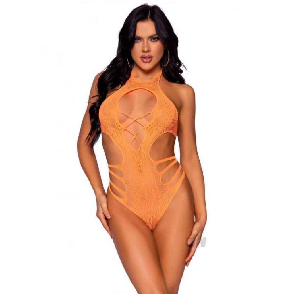 Seamless Lace Strappy Bodysuit - Neon Orange