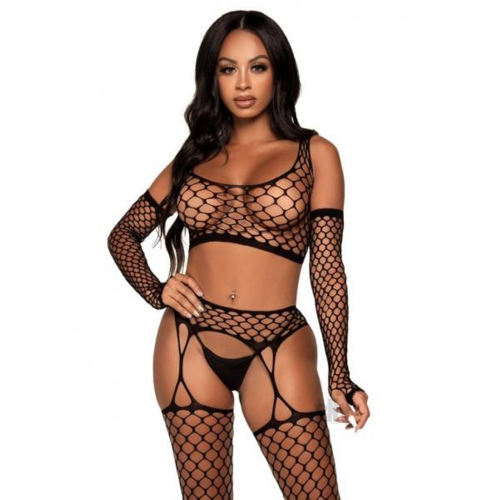 Net Crop Top Stockings Gloves 3pc - Eye-Catching Set