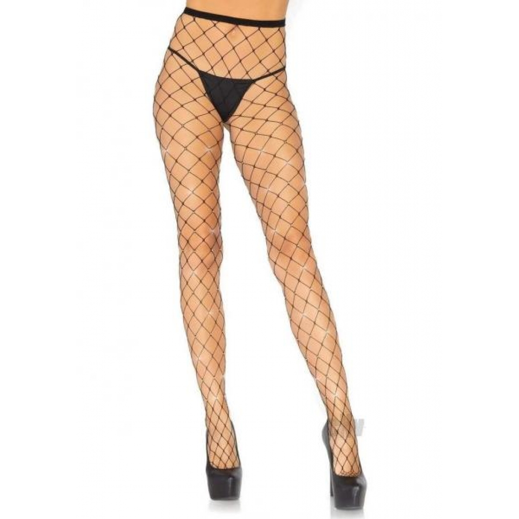 Iridescent Rhinestone Net Tights - One Size Black